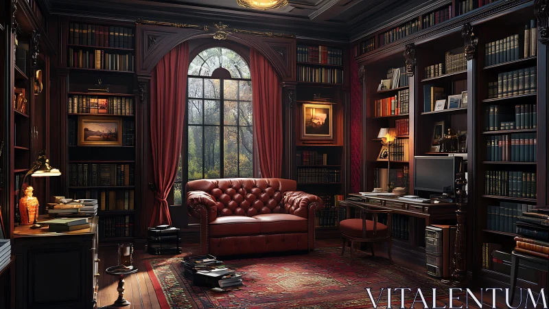 Traditional wood panelled library with leather sofa and desk.