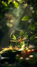 Glass terrarium globe cradles sunlit leaves and orange bloom.