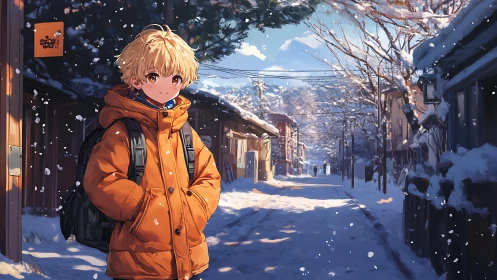 Golden-haired wanderer in a sunlit anime snowstreet pause.
