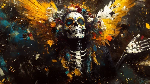 Gilded calavera skeleton amid explosive festival colors.