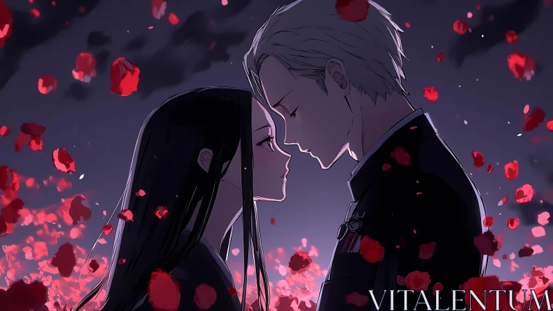 Two figures in profile amid suspended red particles.