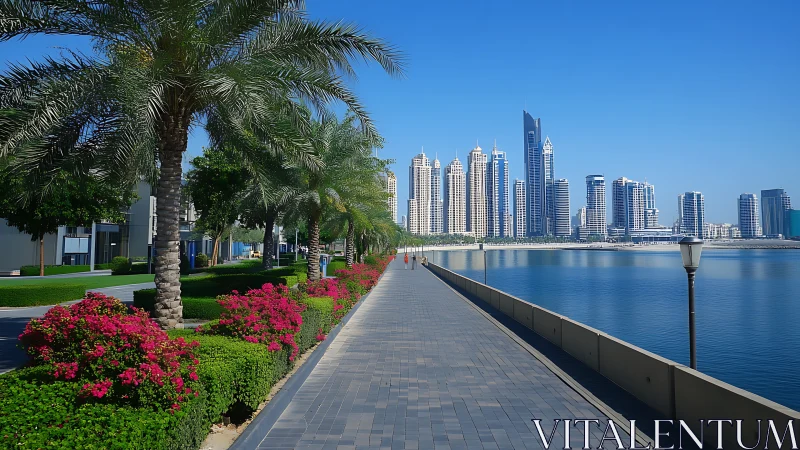 Waterfront promenade with palm trees and modern skyline.