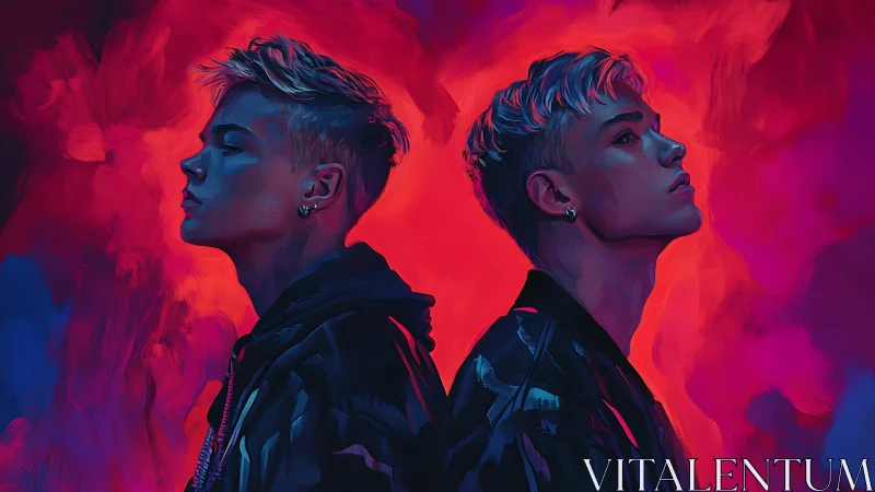 Neon-lit dual portraits in mirrored profile against crimson haze.