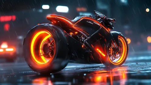 Cyberpunk motorcycle with neon rims in rainy city street.