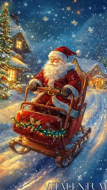 Santa drives single-seat wooden sled through snowy village night