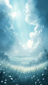 Sunlit meadow under dramatic sky with glowing clouds.