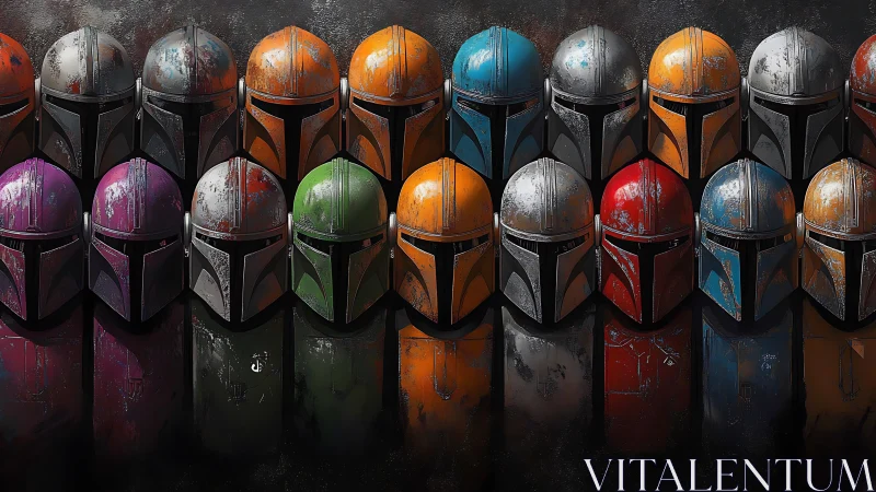 Battle-worn rainbow helmets stand in disciplined chromatic ranks