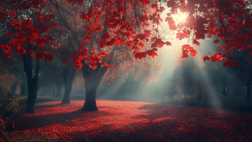 Crimson autumn forest path under misty sunrise light.
