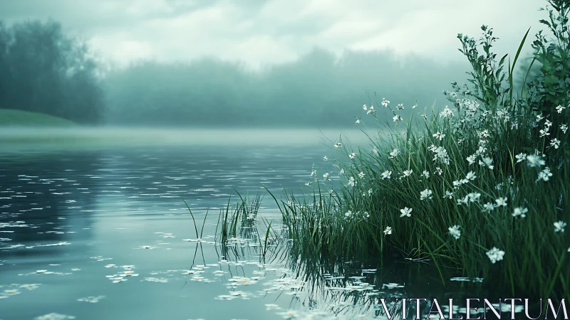 Foggy lakeshore renders detailed wetland grasses and flowers