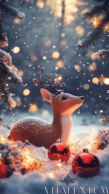 Snowy reindeer figurine with glowing Christmas baubles.