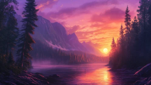 Vibrant alpine river sunset beneath glowing violet skies.