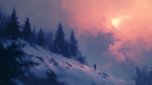 Solitary figure studies sunset over snowy conifer slope