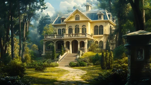 Sunlit manor rising through dreamy forest clearing.