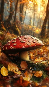 Radiant red mushroom glows amid rain soaked autumn forest floor