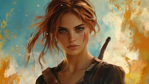 Battle-worn heroine rendered in high-detail painterly portrait lighting