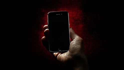 Glowing Smartphone Held Against Crimson Dark Background.