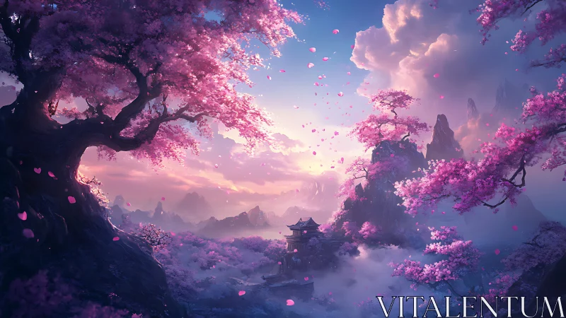 Digital painting of ethereal sakura valley with mountain shrine.