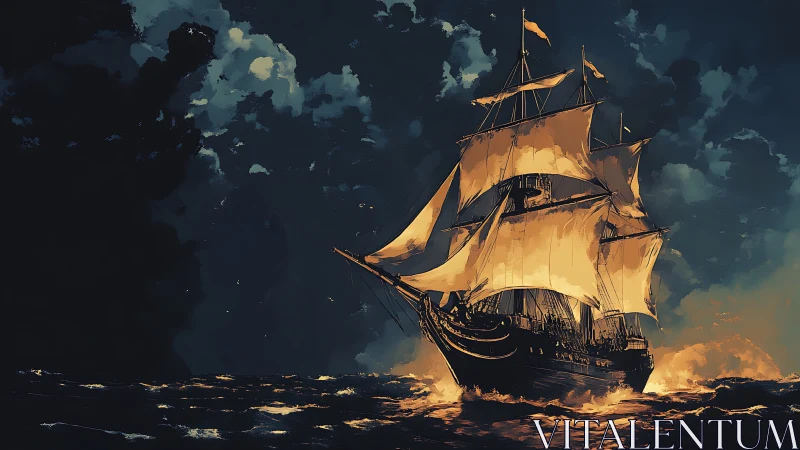 Tall ship cuts stormy sea under molten gold sails.