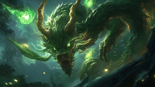Emerald spectral dragon lunging through stormlit forest gorge