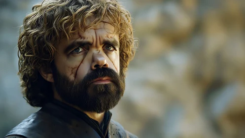 Scarred strategist under soft light, eyes full of storms.