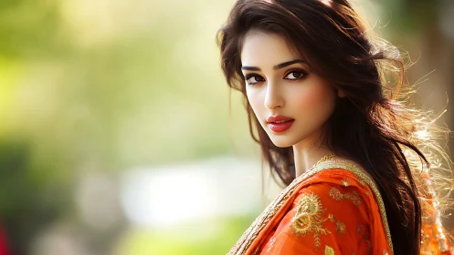 Sunlit gaze in ember silk, a quiet festival of grace.