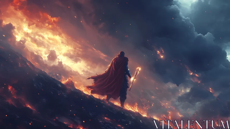 Stormlit mage strides through fire toward a glowing horizon