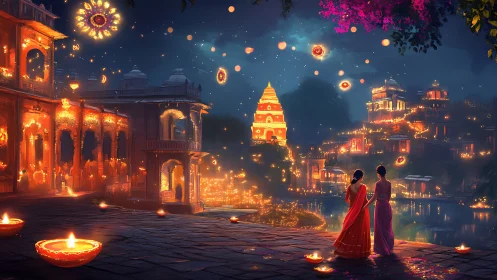 Illuminated riverside temple city glows under layered Diwali lights