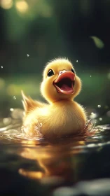 Photorealistic duckling study in luminous shallow water focus.