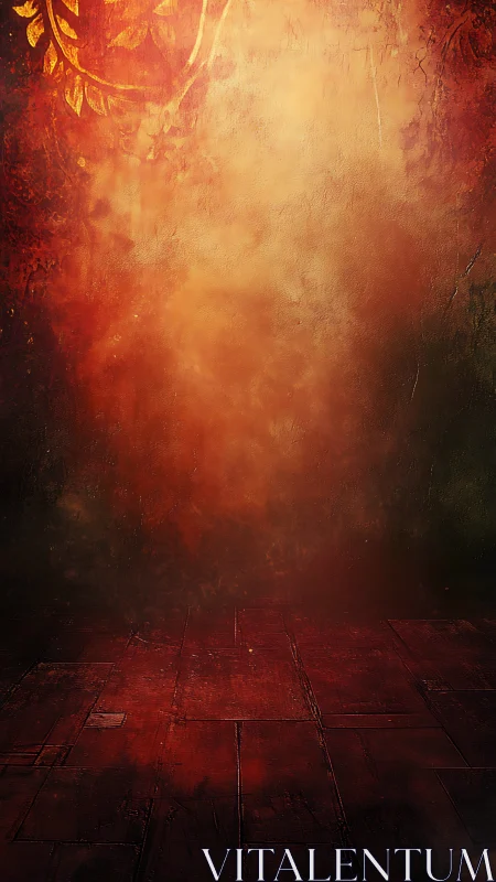 Warm rustic backdrop glows with rich red and golden light