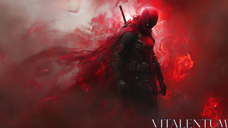 Red masked antihero in cinematic red mist stands in profile