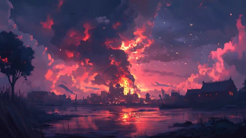 Dramatic apocalyptic cityscape with volumetric fire rendering and atmospheric perspective compositio
