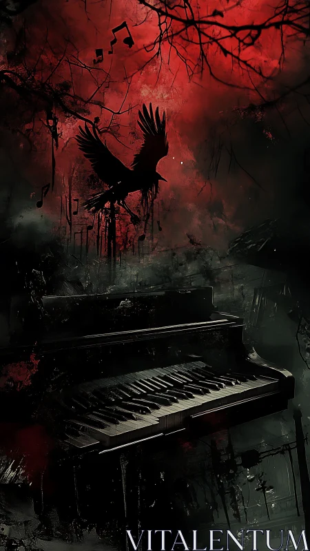 Crow silhouette hovers above distressed piano in red haze