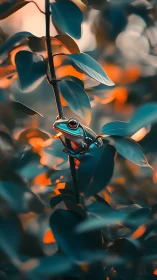 Tree frog clings to branch amid teal leaves and bokeh light
