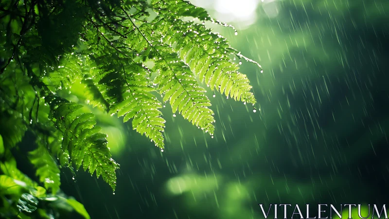 Fern leaves catching soft summer rain in lush green light.