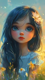 Blue-eyed girl in wildflower field under golden light.