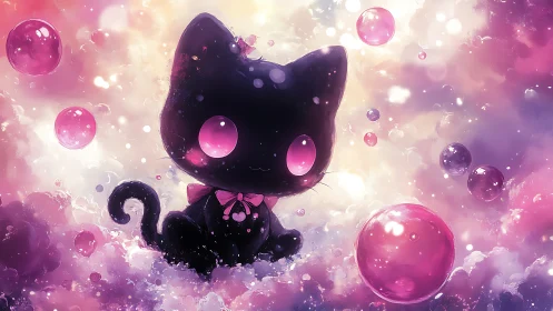 Black cartoon cat with pink eyes sits among glowing bubbles