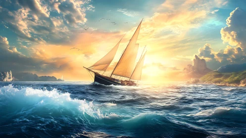 Sunlit sailboat cutting through vibrant ocean waves.