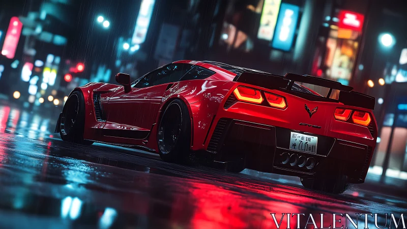 Red sports coupe glows in neon soaked rainy city street.