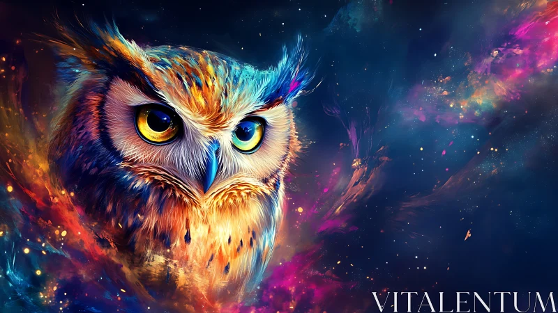 Cosmic owl draped in neon stardust and quiet nightfire.