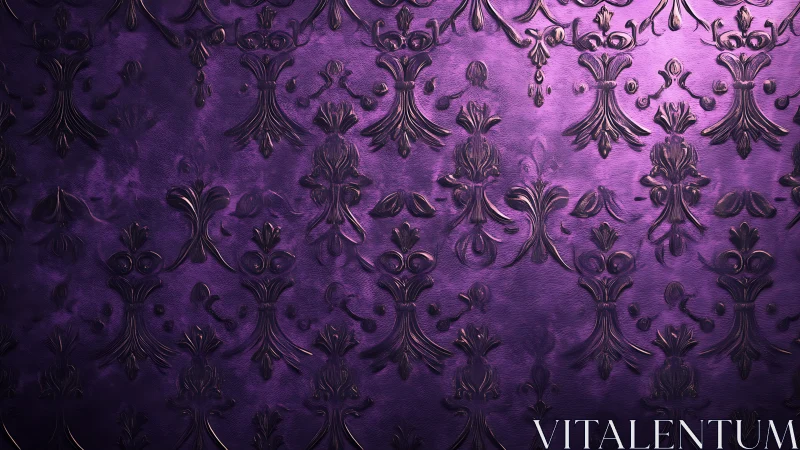 Ornate purple damask wallpaper with embossed metallic florals.