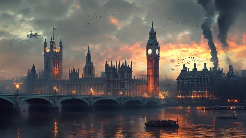 Post-apocalyptic Westminster skyline under burning dusk.