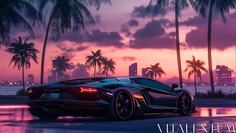 Low sports car by palm-lined waterfront at sunset.