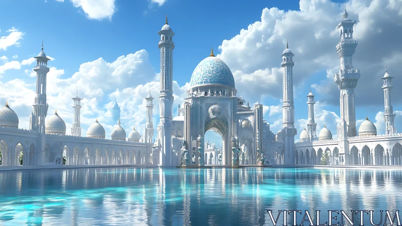 Grand white palace with blue domes beside reflective pool.