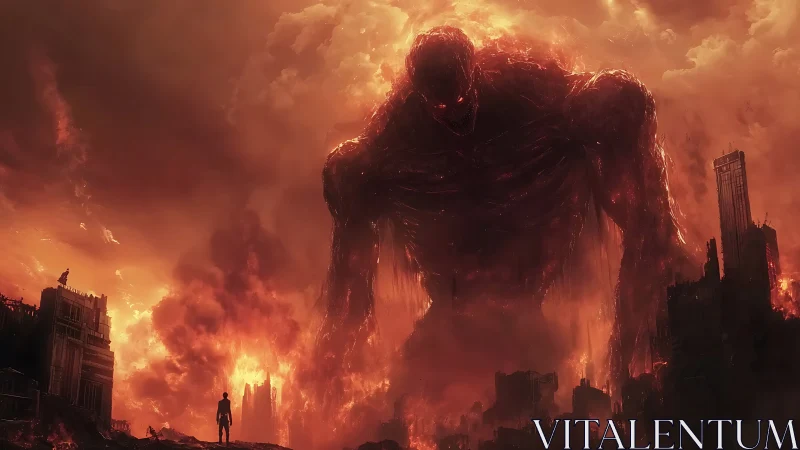 Gigantic fiery demon towering over ruined burning city.