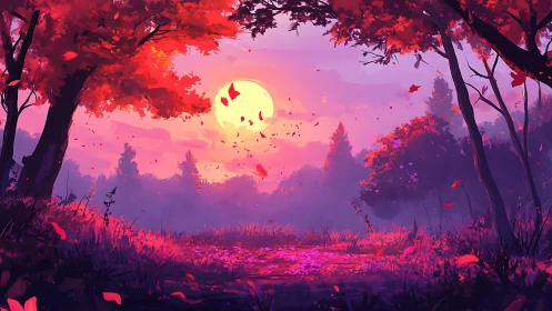 Crimson dusk grove under a spellbound rising moon glow.