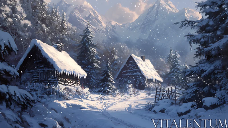 Snow-dusted cabin duet under shy blue mountain daylight.