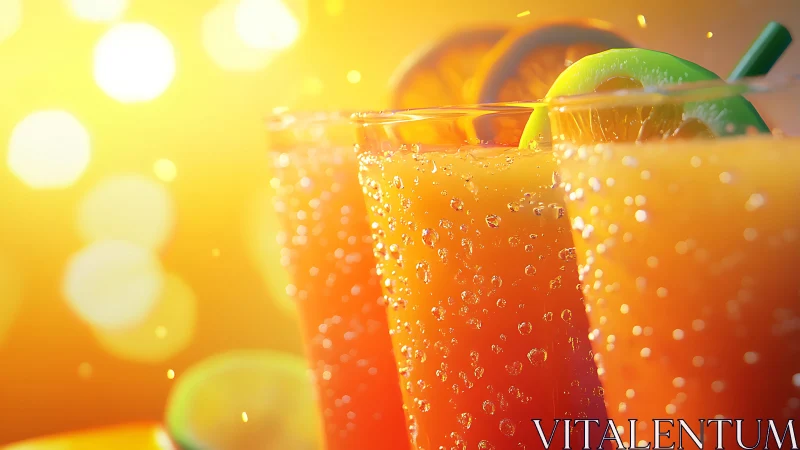 Carbonated beverage with citrus garnish against warm light background.