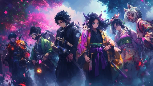 Anime warriors stride through neon blossoms and swirling light.