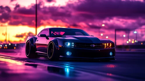 Low-angle view shows modified sports car on wet roadway