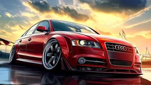 Sunlit red sport sedan poised for a lively evening drive.